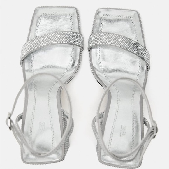 Zara Silver Block Heel Rhinestone Sandals - Picture 6 of 8